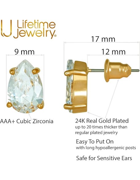 9mm Cubic Zirconia Teardrop Stud Earrings 24k Real Gold Plated