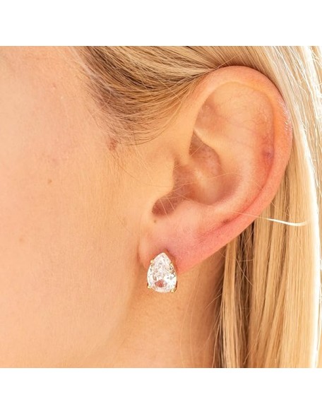 9mm Cubic Zirconia Teardrop Stud Earrings 24k Real Gold Plated