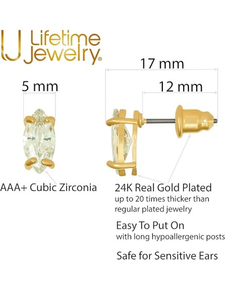 Cubic Zirconia Marquise Stud Earrings for Women 24k Gold Plated