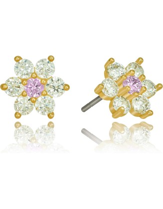 Cubic Zirconia 9mm Flower Stud Earrings 24k Real Gold Plated