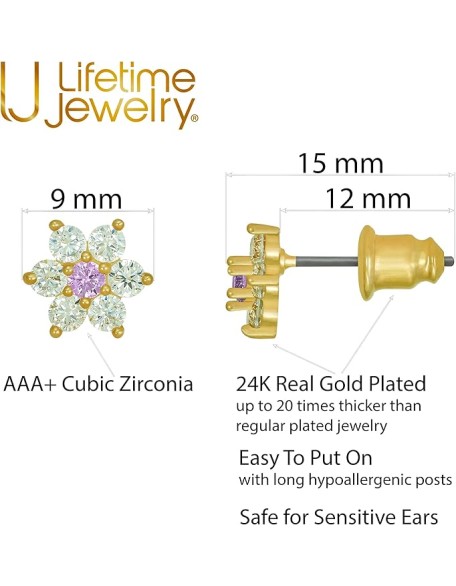 Cubic Zirconia 9mm Flower Stud Earrings 24k Real Gold Plated