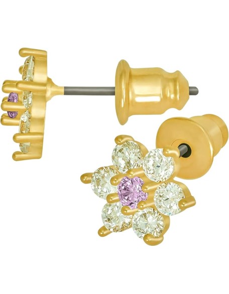 Cubic Zirconia 9mm Flower Stud Earrings 24k Real Gold Plated