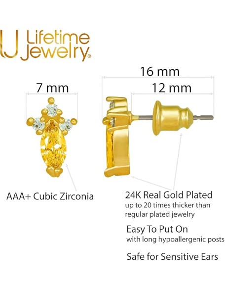 Cubic Zirconia Marquise Stud Earrings 24k Gold Plated