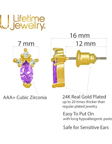 Cubic Zirconia Marquise Stud Earrings 24k Gold Plated