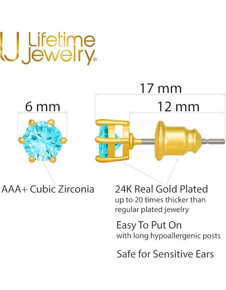 Cubic Zirconia Circle Birthstone Stud Earrings 24k Gold Plated