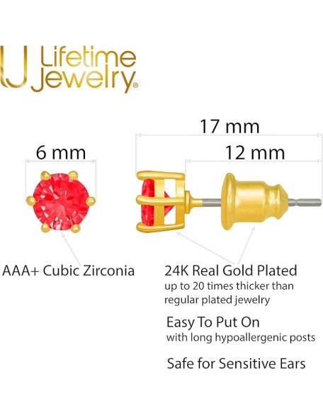 Cubic Zirconia Circle Birthstone Stud Earrings 24k Gold Plated