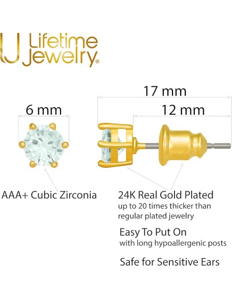 Cubic Zirconia Circle Birthstone Stud Earrings 24k Gold Plated