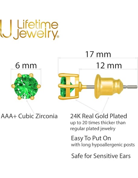 Cubic Zirconia Circle Birthstone Stud Earrings 24k Gold Plated