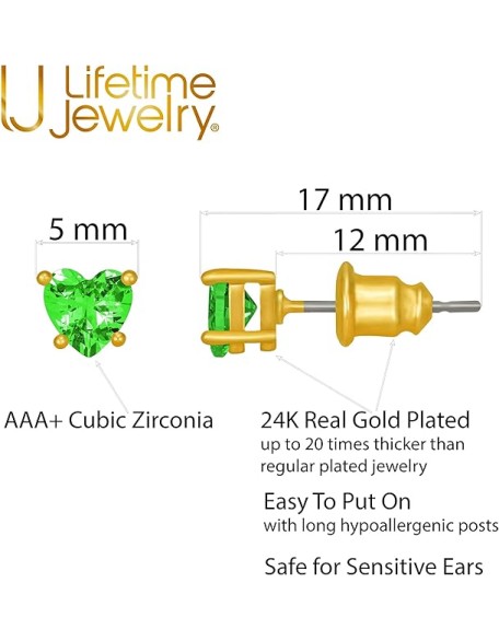 Cubic Zirconia Heart Birthstone Stud Earrings 24k Gold Plated