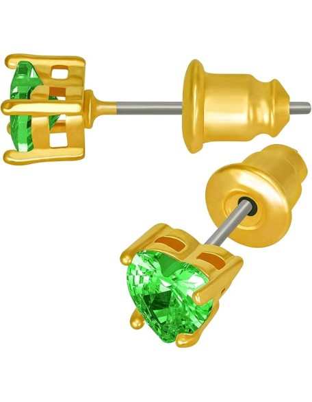 Cubic Zirconia Heart Birthstone Stud Earrings 24k Gold Plated