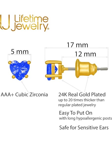 Cubic Zirconia Heart Birthstone Stud Earrings 24k Gold Plated