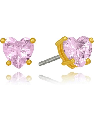 Cubic Zirconia Heart Birthstone Stud Earrings 24k Gold Plated