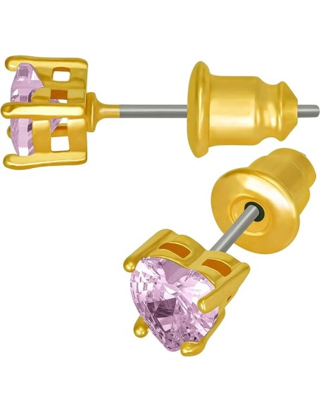 Cubic Zirconia Heart Birthstone Stud Earrings 24k Gold Plated