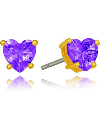 Cubic Zirconia Heart Birthstone Stud Earrings 24k Gold Plated