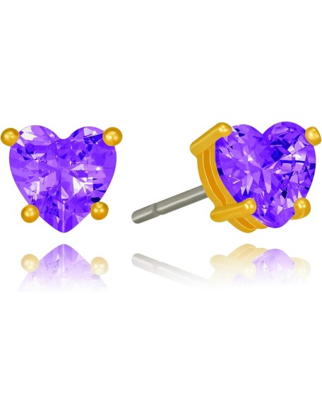 Cubic Zirconia Heart Birthstone Stud Earrings 24k Gold Plated