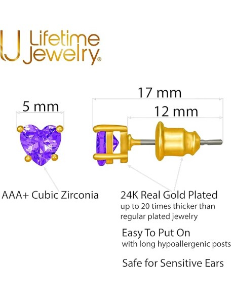 Cubic Zirconia Heart Birthstone Stud Earrings 24k Gold Plated