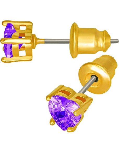 Cubic Zirconia Heart Birthstone Stud Earrings 24k Gold Plated