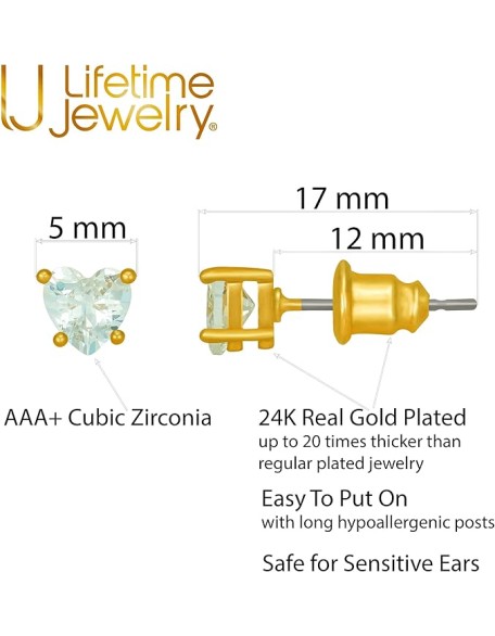 Cubic Zirconia Heart Birthstone Stud Earrings 24k Gold Plated