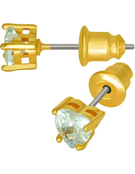 Cubic Zirconia Heart Birthstone Stud Earrings 24k Gold Plated