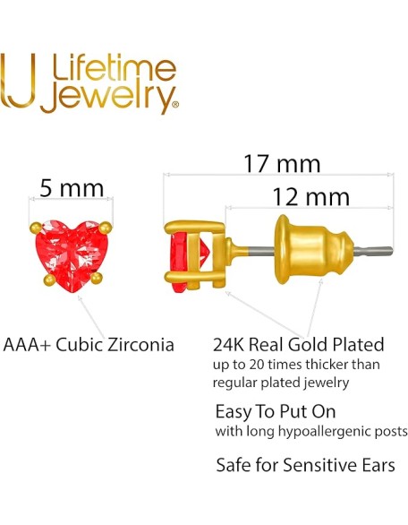 Cubic Zirconia Heart Birthstone Stud Earrings 24k Gold Plated