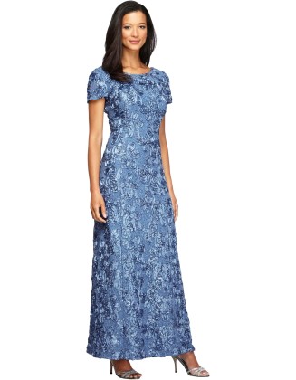 Women's Long Rosette Mother of The Bride Dress with Short Sleeves, Wedding Guest (Petite and Regular Sizes)