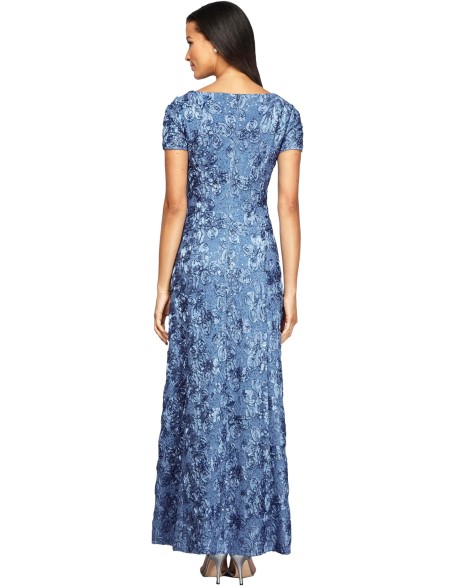 Women's Long Rosette Mother of The Bride Dress with Short Sleeves, Wedding Guest (Petite and Regular Sizes)