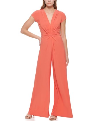 Womens Short Sleeve V-neck Twist Front Summer Jumpsuit