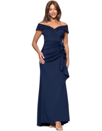 Women's Long Off Shoulder Sweetheart Neck Side Ruffle Gown (Reg and Petite)