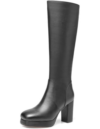 Women's Square Toe Handmade Platform Chunky Heels Genuine Leather Zip Up Chic Knee High Boots