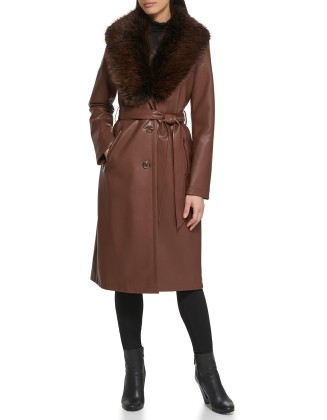 Women's Leather & Faux Fur Belted Trench Coat
