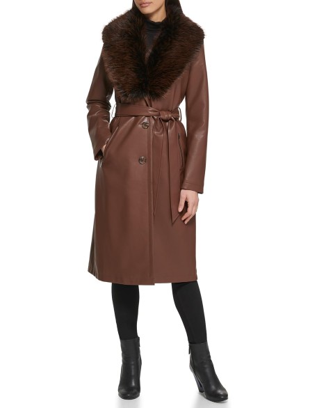 Women's Leather & Faux Fur Belted Trench Coat