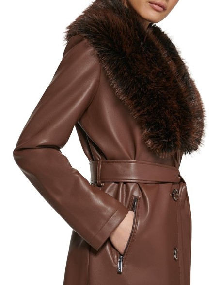 Women's Leather & Faux Fur Belted Trench Coat