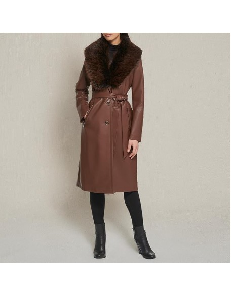 Women's Leather & Faux Fur Belted Trench Coat