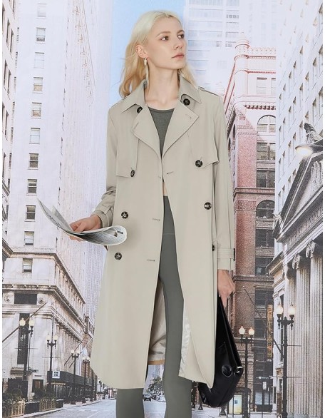 Women's Long Trench Coat Double-Breasted Classic Lapel Overcoat with Belt