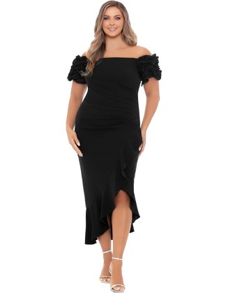 Women's Size Off The Shoulder Ruffle Sleeve Midi Dress (Plus)