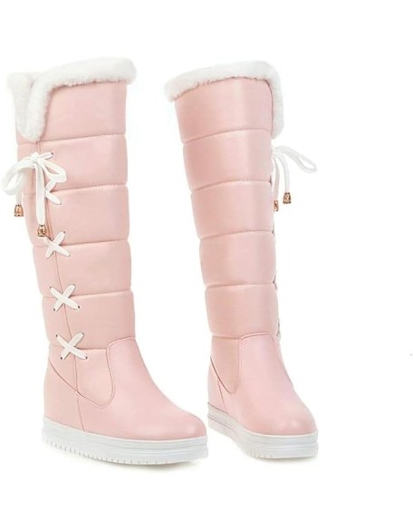 Women's Winter Warm Knee High Snow Boots - Lace up Hidden Wedge Platform Boots