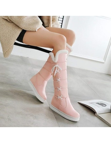 Women's Winter Warm Knee High Snow Boots - Lace up Hidden Wedge Platform Boots