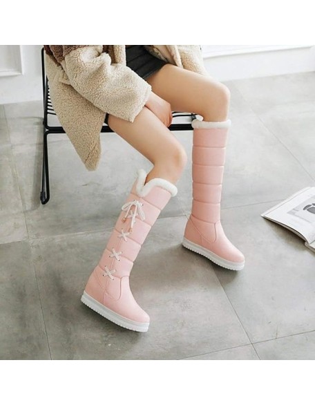 Women's Winter Warm Knee High Snow Boots - Lace up Hidden Wedge Platform Boots