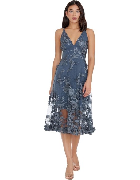 Women's Audrey Spaghetti Strap Midi A-line 3D Floral Dress