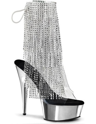 15CM Large Rhinestone Tassel Slim Heel Nightclub High Heels Electroplated Waterproof Platform Steel Pipe Dance Short Boots