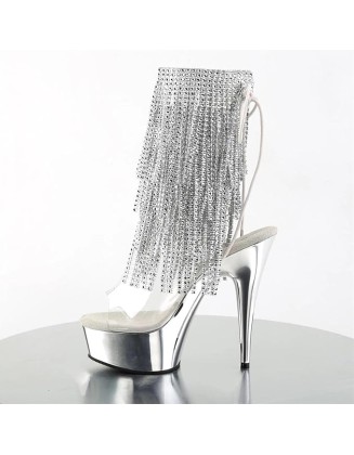 15CM Large Rhinestone Tassel Slim Heel Nightclub High Heels Electroplated Waterproof Platform Steel Pipe Dance Short Boots