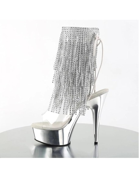 15CM Large Rhinestone Tassel Slim Heel Nightclub High Heels Electroplated Waterproof Platform Steel Pipe Dance Short Boots