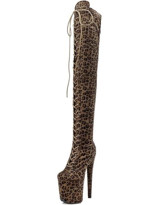 Women's Over The Knee Exotic Heels Boots Platform Zip Lace Up Sexy Leopard Print Fashion Party Round Toe Stiletto 8 inch Pole Dance Thigh High Heel