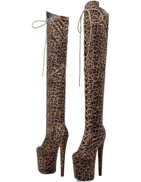Women's Over The Knee Exotic Heels Boots Platform Zip Lace Up Sexy Leopard Print Fashion Party Round Toe Stiletto 8 inch Pole Dance Thigh High Heel