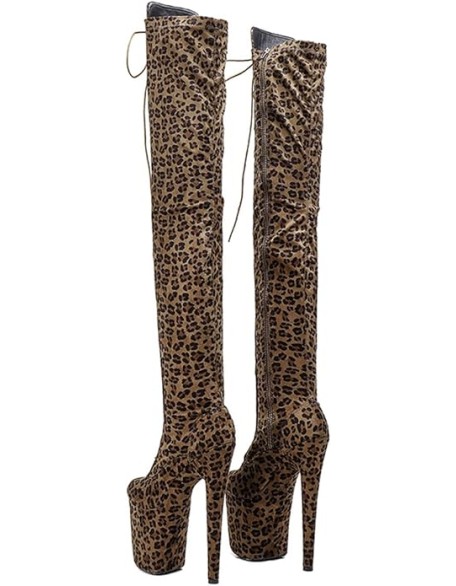 Women's Over The Knee Exotic Heels Boots Platform Zip Lace Up Sexy Leopard Print Fashion Party Round Toe Stiletto 8 inch Pole Dance Thigh High Heel