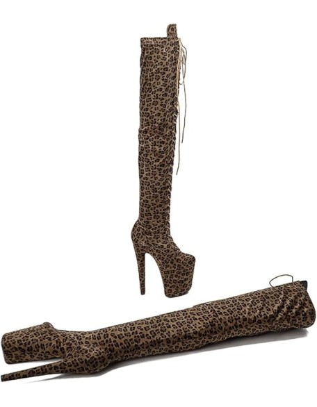 Women's Over The Knee Exotic Heels Boots Platform Zip Lace Up Sexy Leopard Print Fashion Party Round Toe Stiletto 8 inch Pole Dance Thigh High Heel