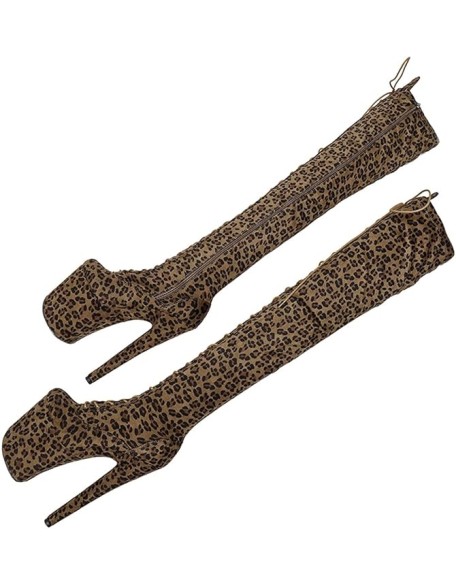 Women's Over The Knee Exotic Heels Boots Platform Zip Lace Up Sexy Leopard Print Fashion Party Round Toe Stiletto 8 inch Pole Dance Thigh High Heel