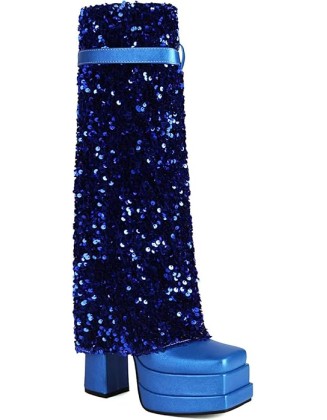 Women's Sparkle Sequin Fold Knee High Boots Fashion Square Toe Chunky Heels Platform Pull On Tall Boots Sexy Glitter Party Prom High Heels Long Booties