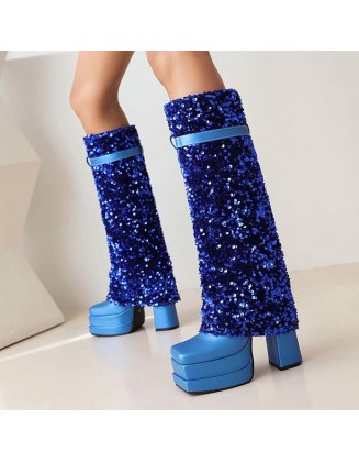 Women's Sparkle Sequin Fold Knee High Boots Fashion Square Toe Chunky Heels Platform Pull On Tall Boots Sexy Glitter Party Prom High Heels Long Booties
