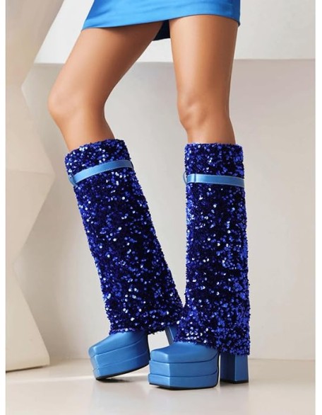 Women's Sparkle Sequin Fold Knee High Boots Fashion Square Toe Chunky Heels Platform Pull On Tall Boots Sexy Glitter Party Prom High Heels Long Booties